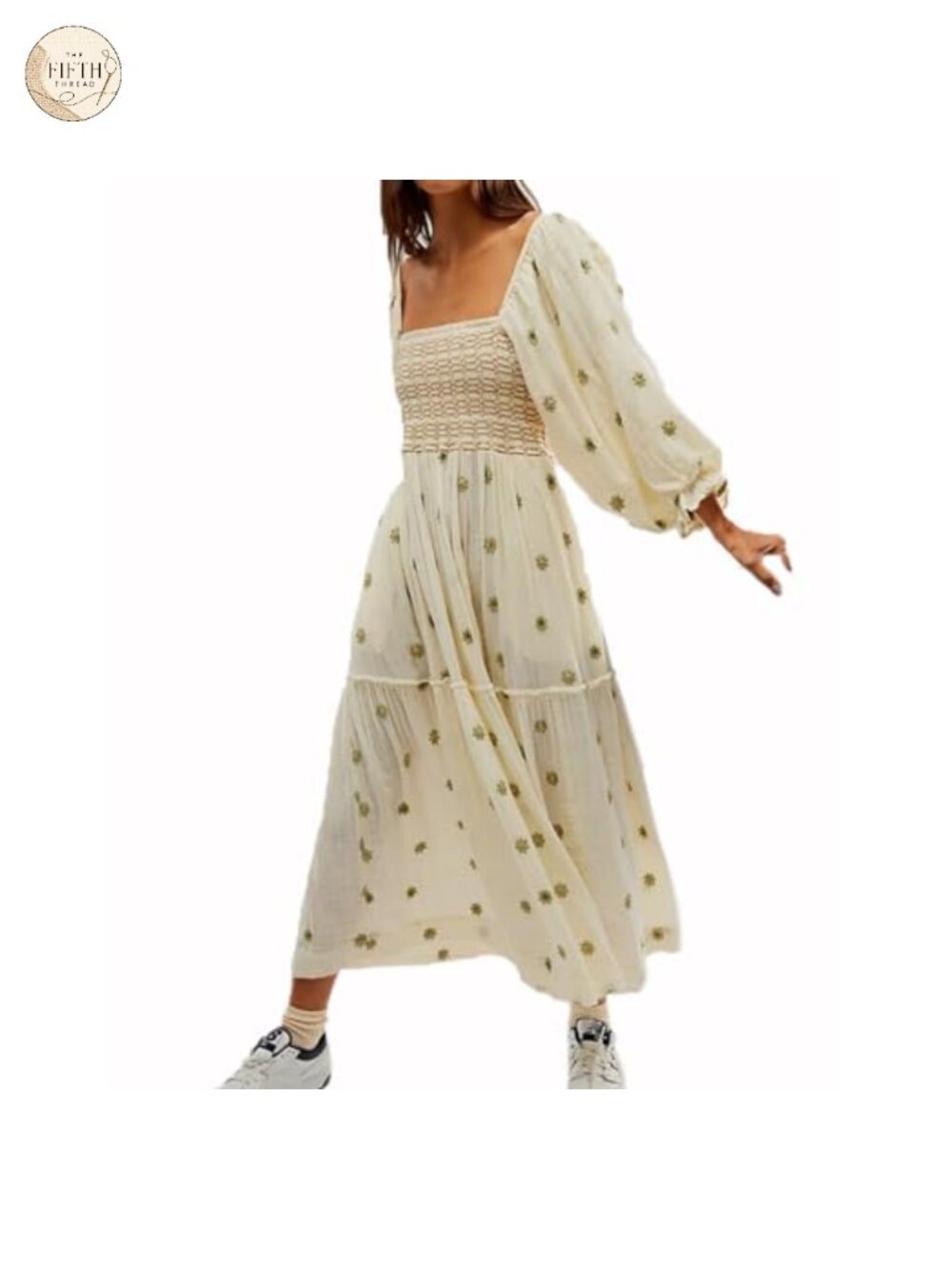 Floral Embroidered Maxi Dress Puff Sleeve Square Neck Boho Flowy with Pockets